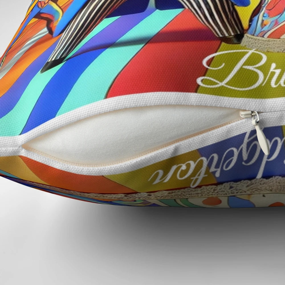 Colorful Bridgerton-inspired pillow design featuring characters Colin and Penelope in a vibrant, fauvist art style.