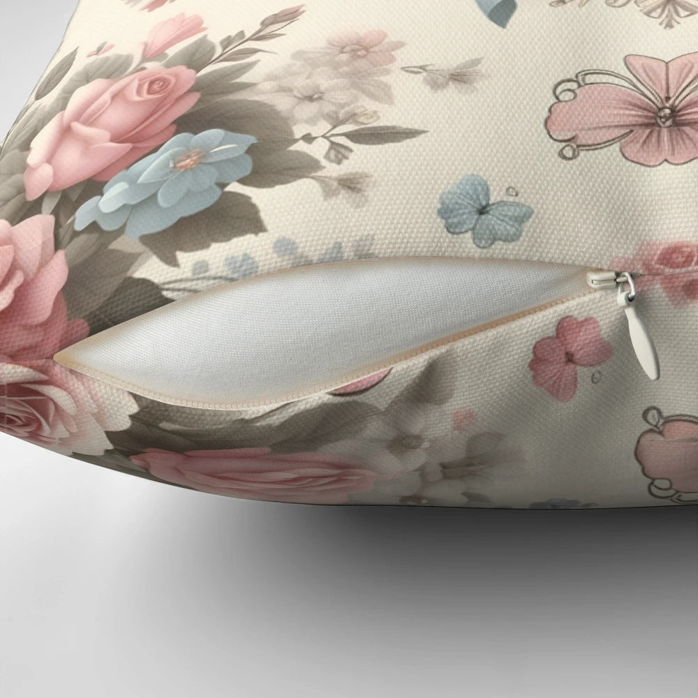 A soft, pastel-colored Bridgerton-inspired Polin pillow with delicate floral and satin bow design, perfect for adding a touch of whimsical elegance to your home.