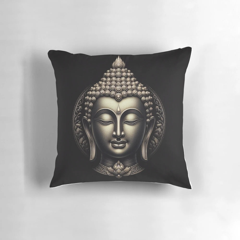 Elegant Buddha Cool Art Portrait Pillow with lotus flower and gold accents for meditation and zen decor