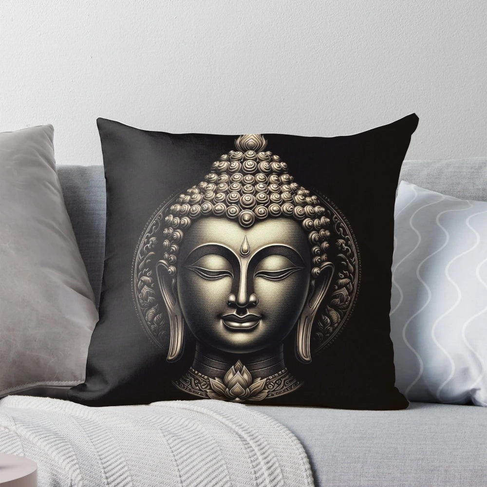 Elegant Buddha Cool Art Portrait Pillow with lotus flower and gold accents for meditation and zen decor