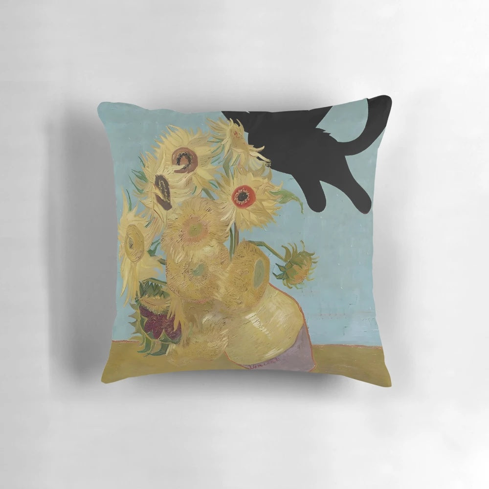 Decorative cat pillow featuring a vintage floral design inspired by the paintings of Vincent Van Gogh.