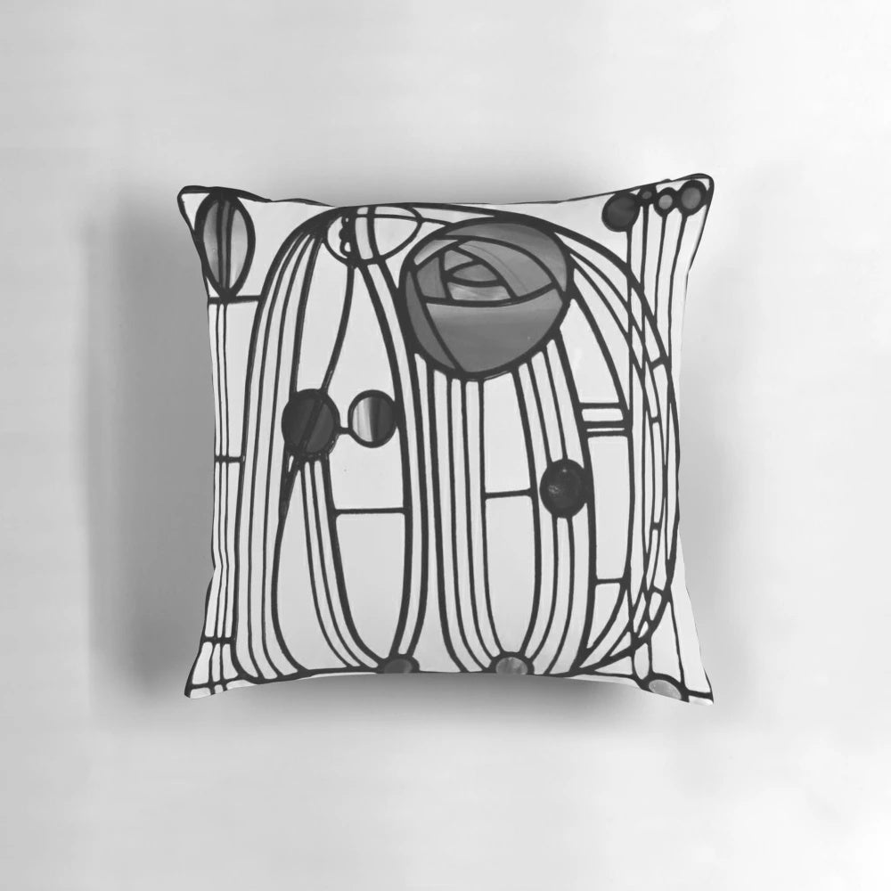 Decorative pillow featuring the iconic rose and teardrop design by renowned Scottish architect and artist Charles Rennie Mackintosh