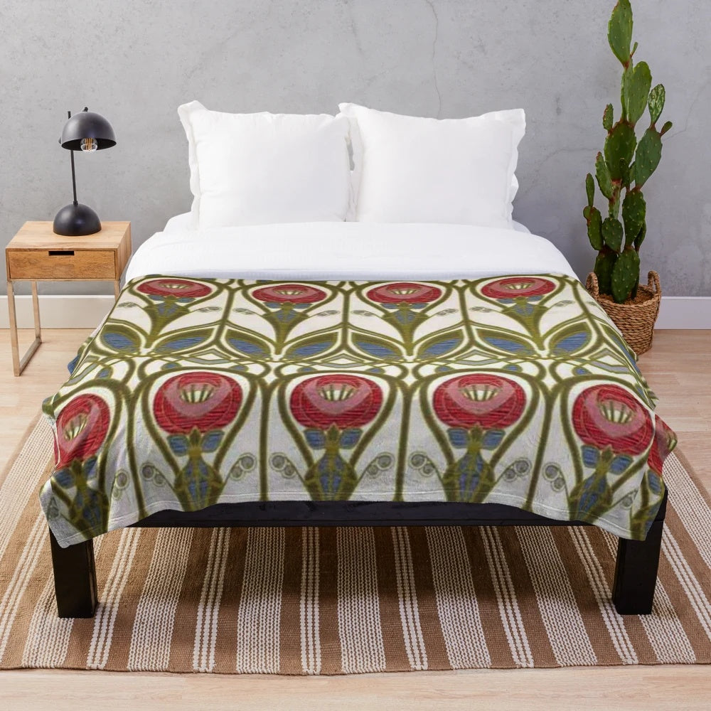 Charles Rennie Mackintosh inspired plush blanket with floral design