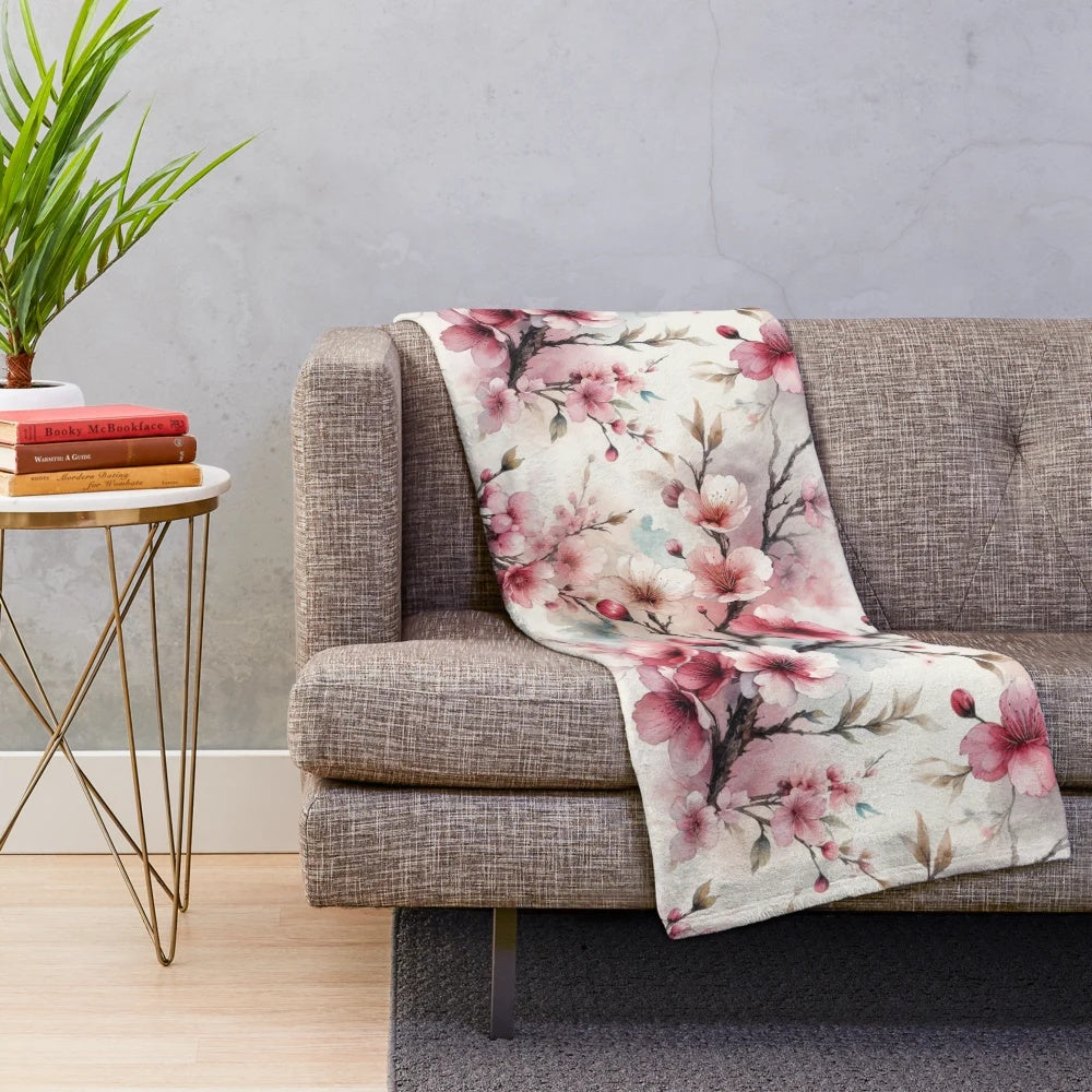Soft and plush cherry blossom pattern blanket for a cozy spring home