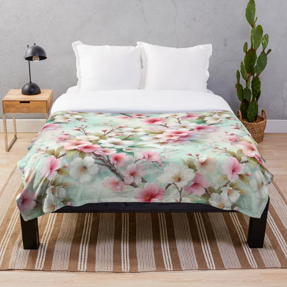 Pink and white cherry blossom pattern plush blanket