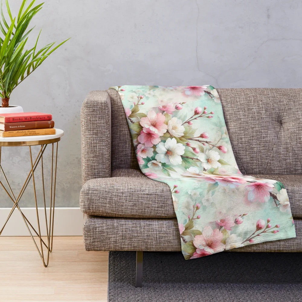 Pink and white cherry blossom pattern plush blanket
