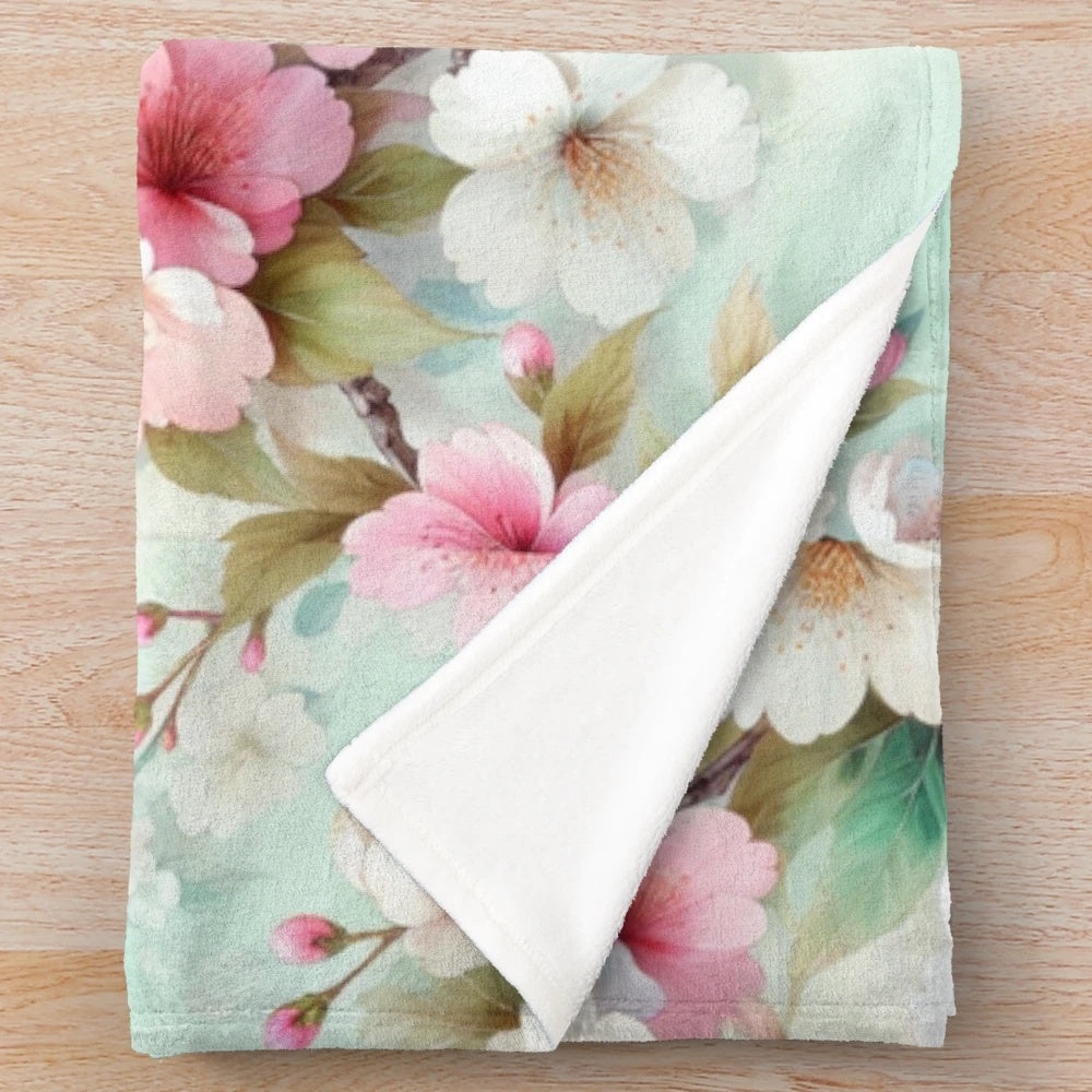 Pink and white cherry blossom pattern plush blanket