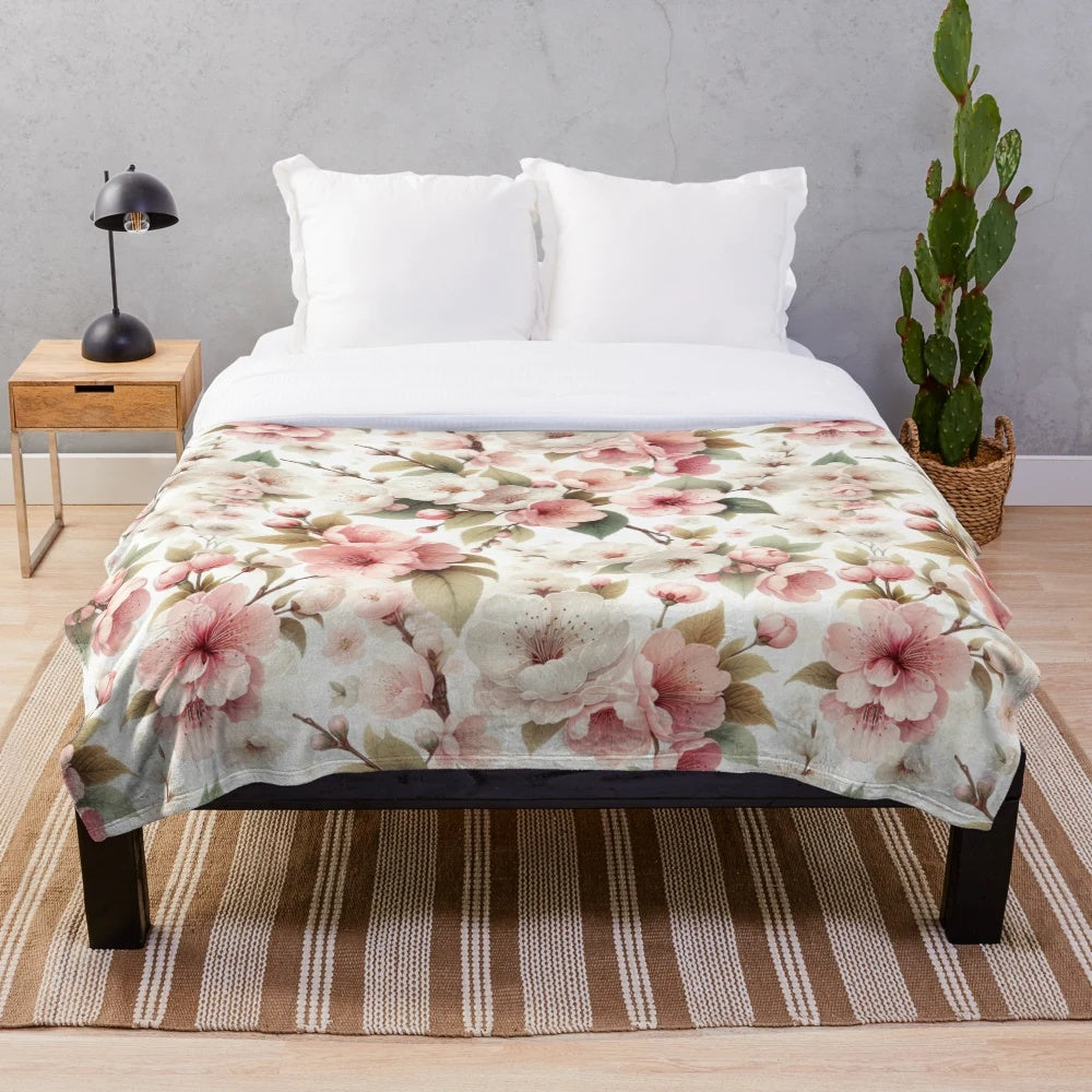 Cherry Blossom Patterned Plush Blanket