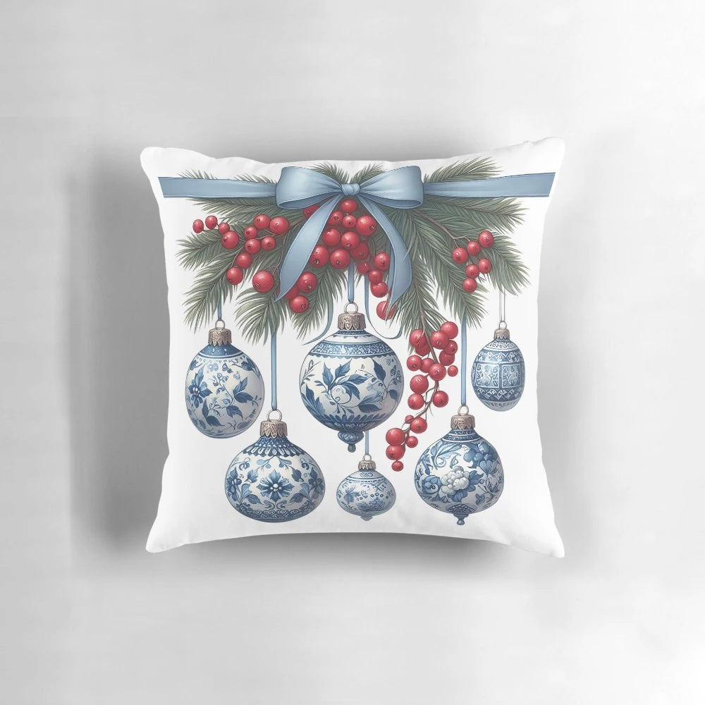 Chinoiserie Christmas Pillow with Blue and White Chinoiserie Tree Design