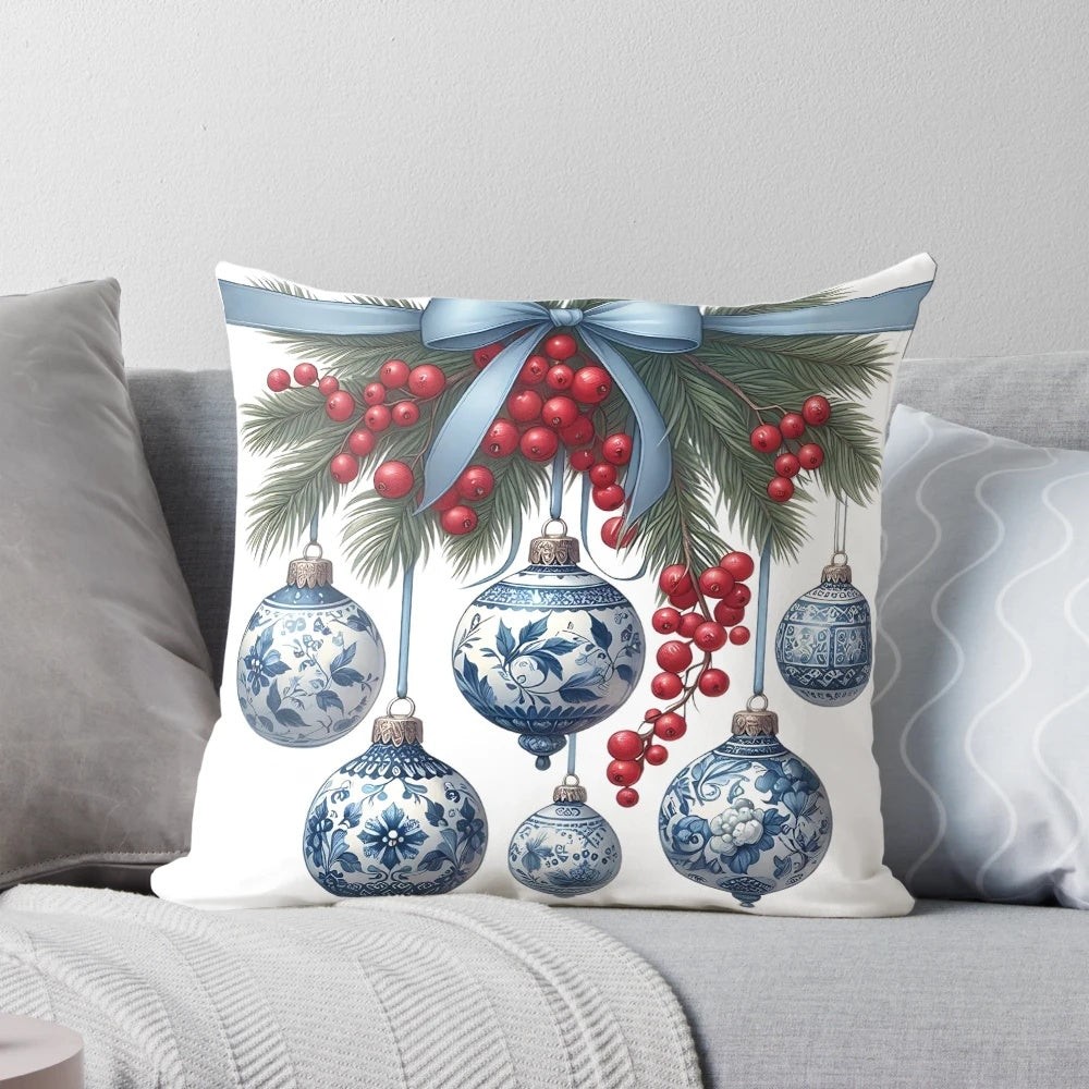 Chinoiserie Christmas Pillow with Blue and White Chinoiserie Tree Design