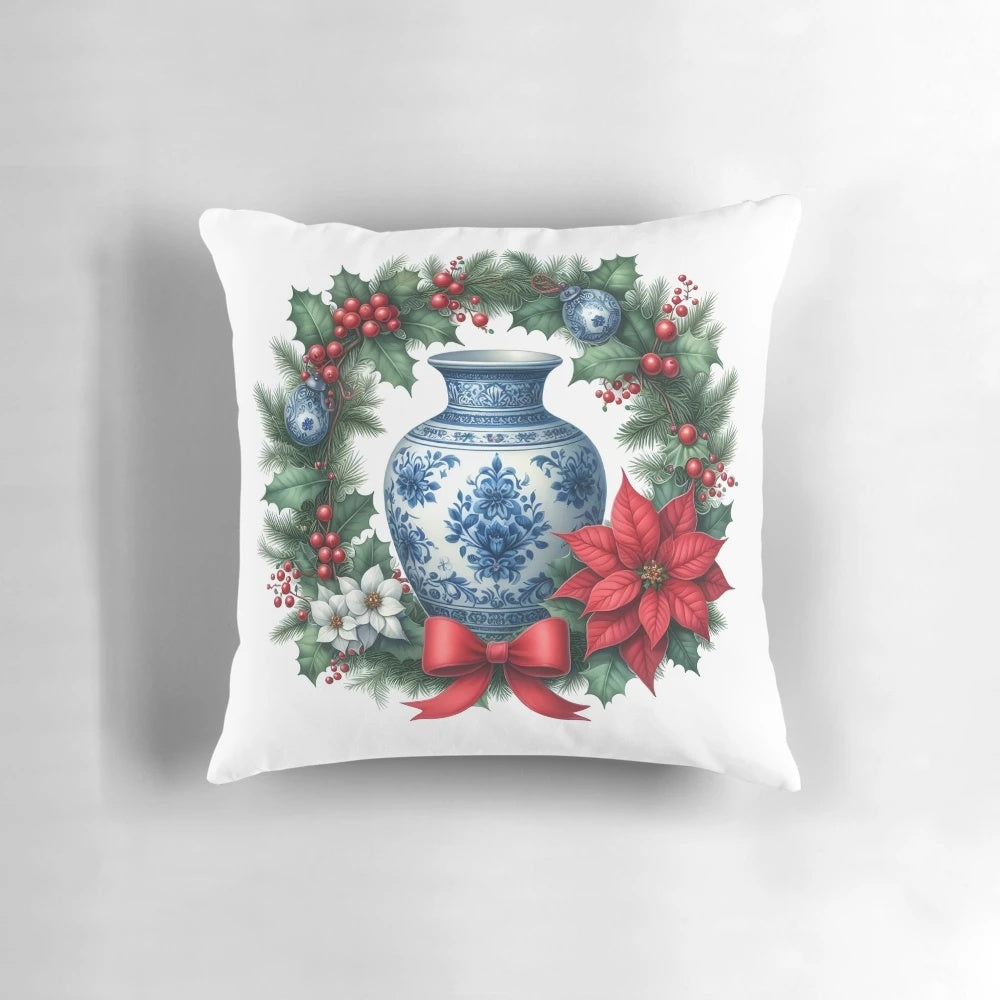 Chinoiserie Christmas wreath with blue and white porcelain ginger jar and poinsettias