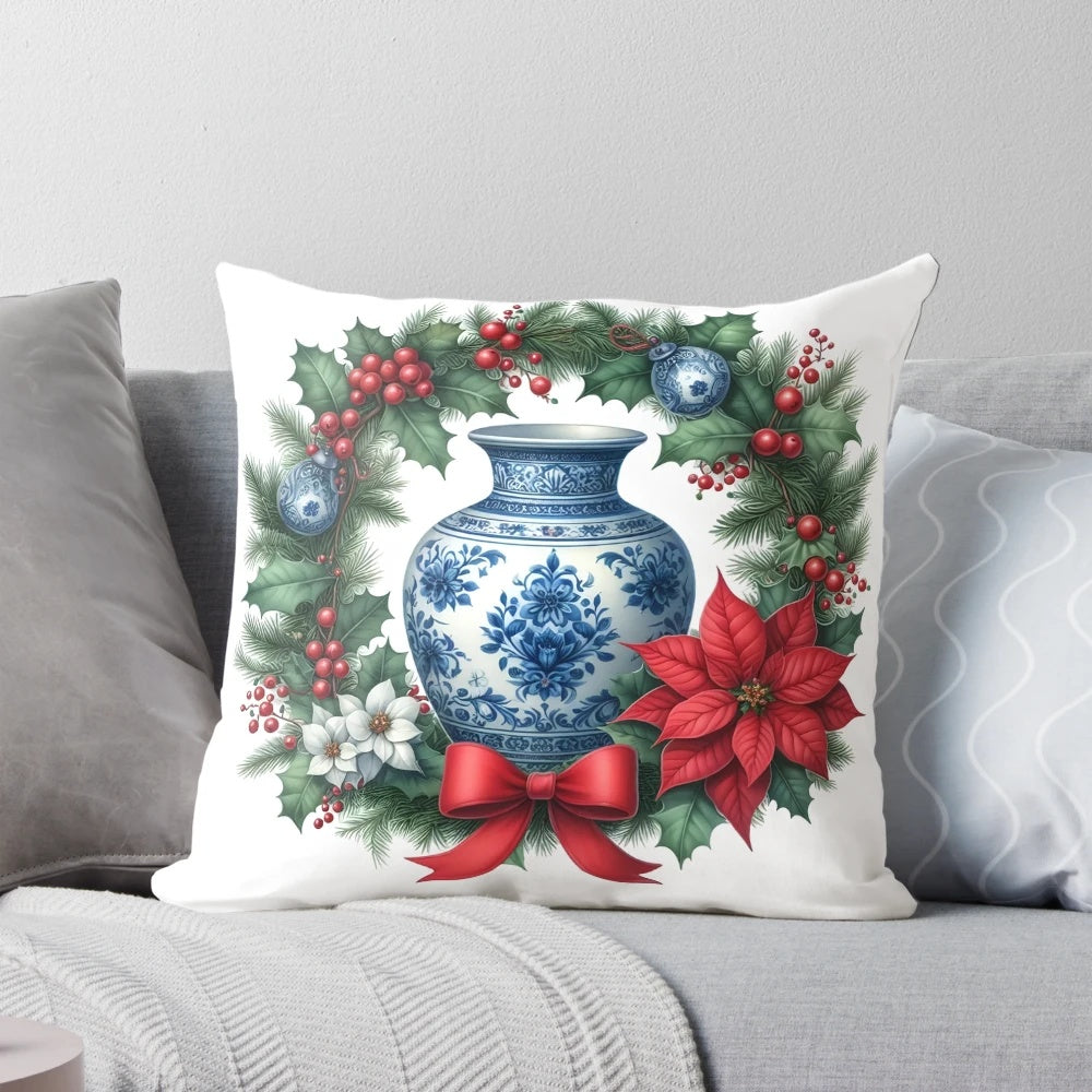 Chinoiserie Christmas wreath with blue and white porcelain ginger jar and poinsettias