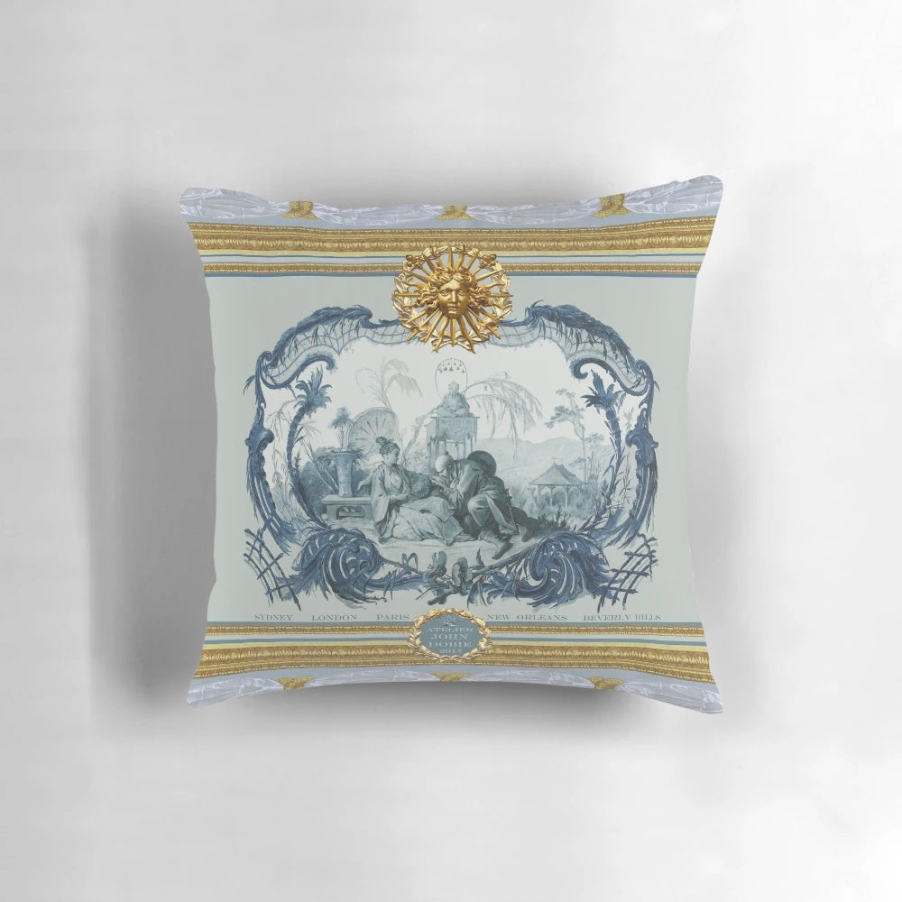Chinoiserie-style blue decorative throw pillow for home decor