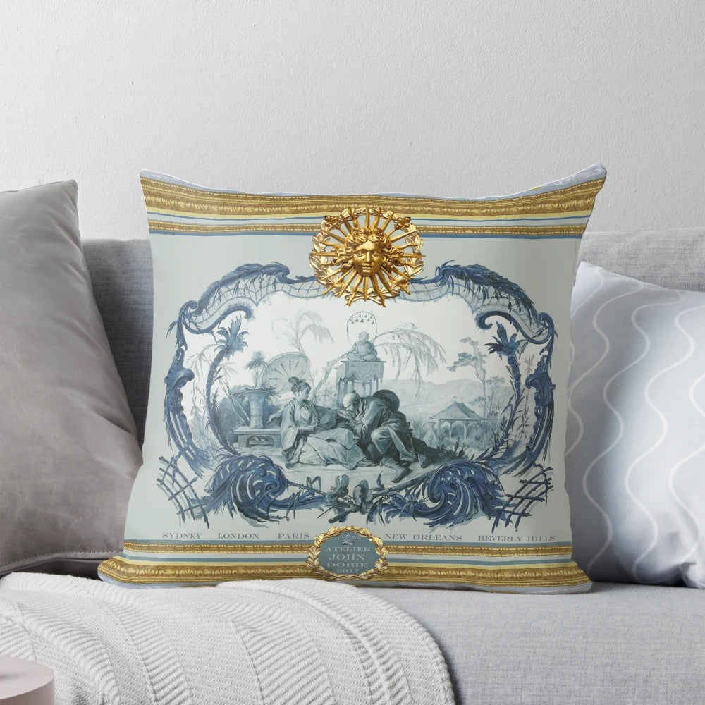 Chinoiserie-style blue decorative throw pillow for home decor