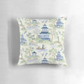 Chinoiserie-inspired decorative pillow with pagoda, fishing, and willow pattern design