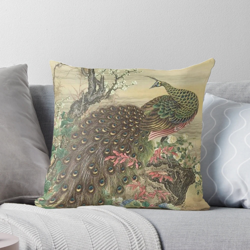 Luxurious blue and white chinoiserie-patterned pillow with peacock bird design, perfect for grandmillennial-style interior design.