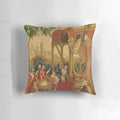 Chinoiserie-style pillow with birds and floral motifs in blue and white color scheme