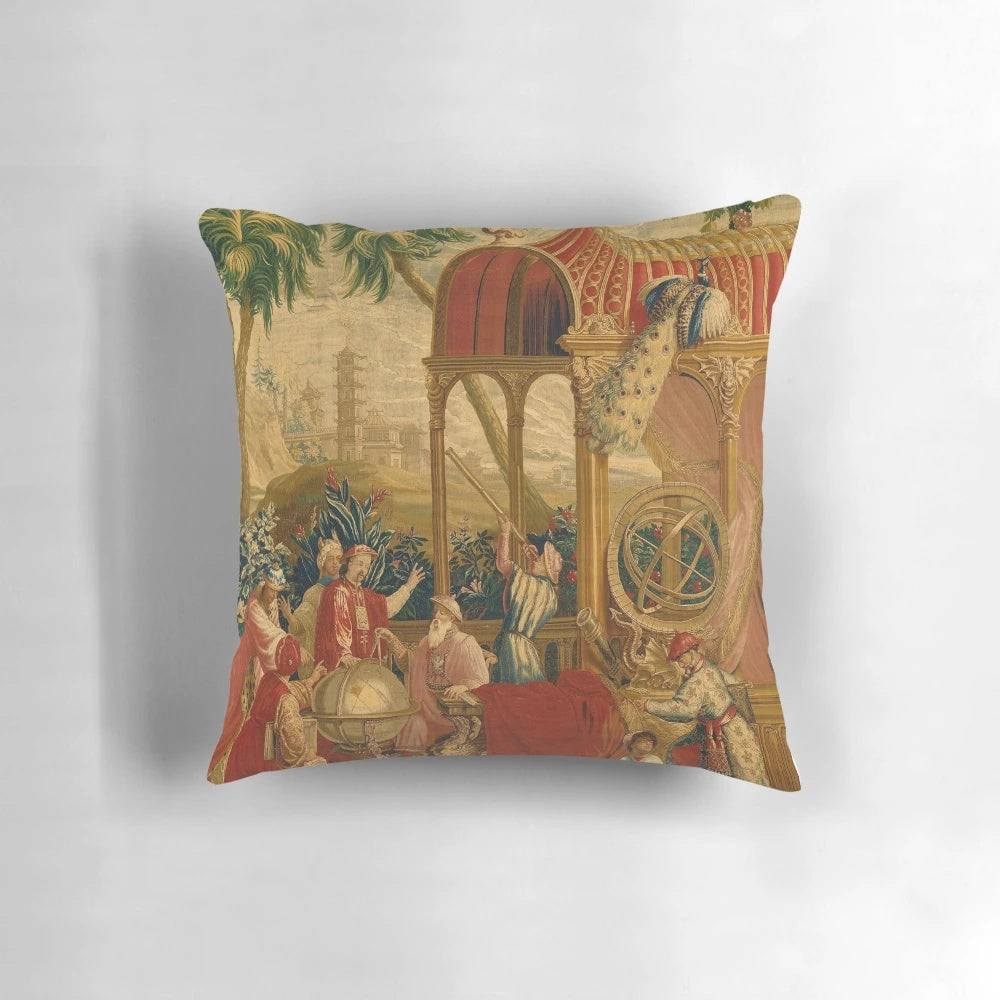 Chinoiserie-style pillow with birds and floral motifs in blue and white color scheme