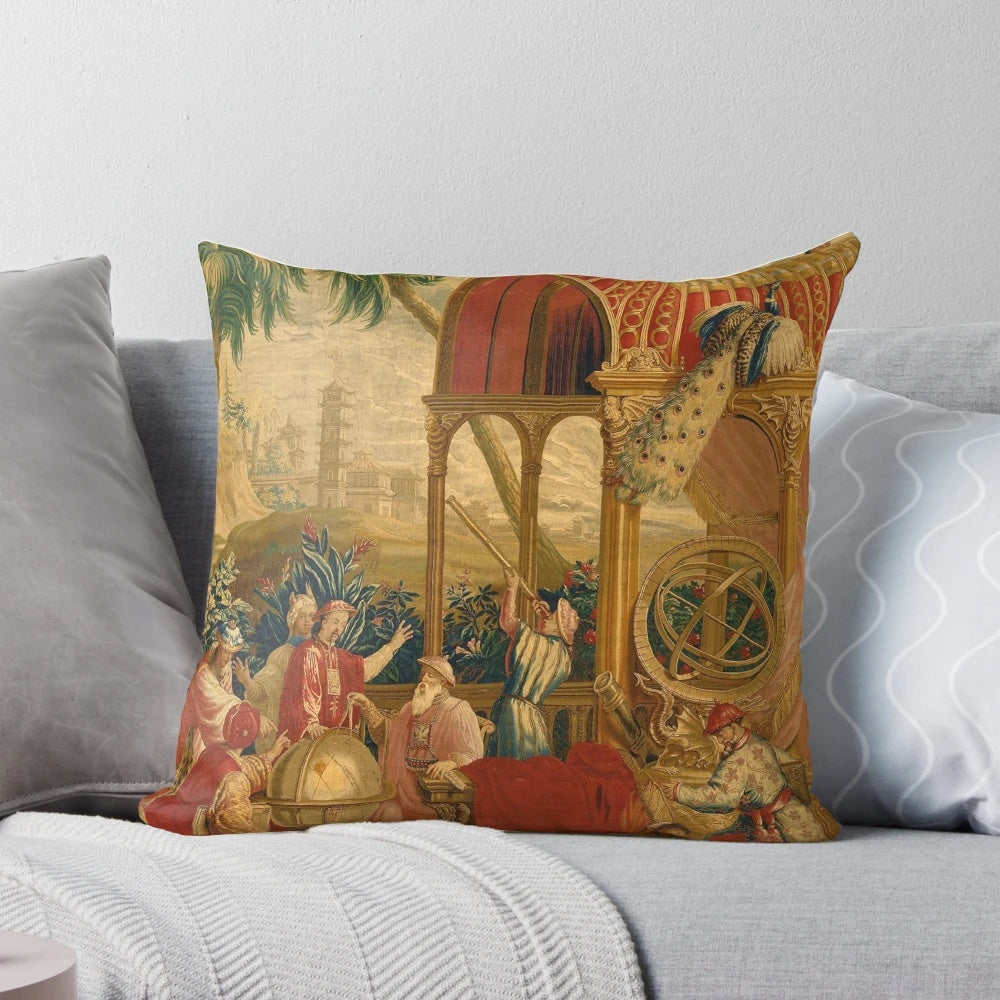 Chinoiserie-style pillow with birds and floral motifs in blue and white color scheme
