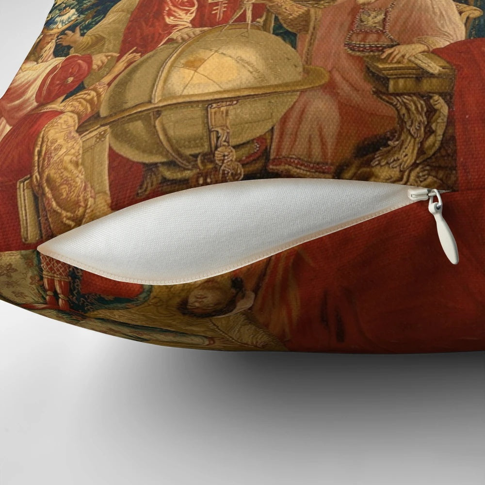 Chinoiserie-style pillow with birds and floral motifs in blue and white color scheme