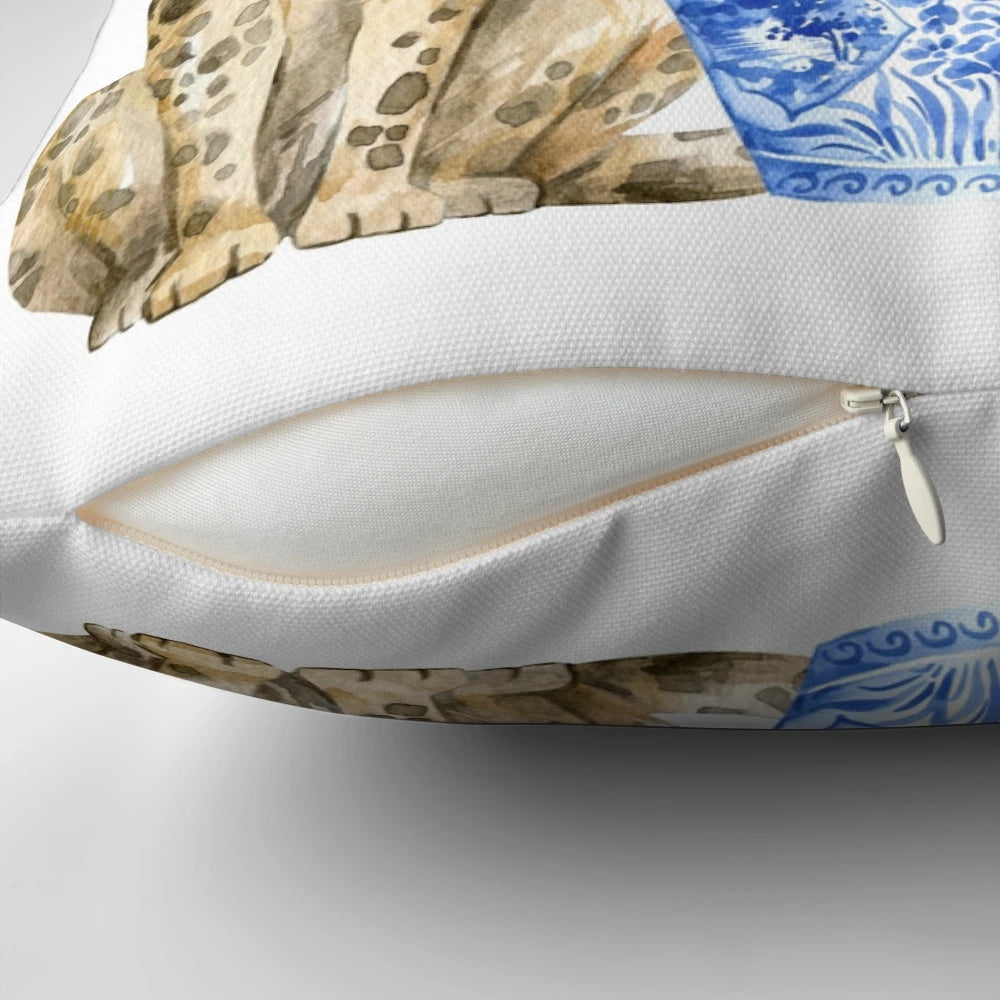Decorative throw pillow featuring a chinoiserie-inspired leopard print design