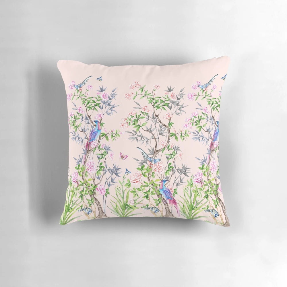 Chinoiserie watercolor floral pattern on a soft, elegant pillow for home decor
