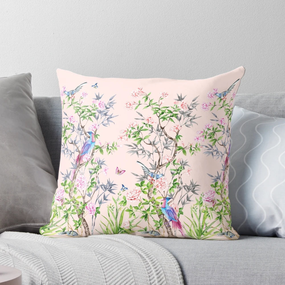 Chinoiserie watercolor floral pattern on a soft, elegant pillow for home decor