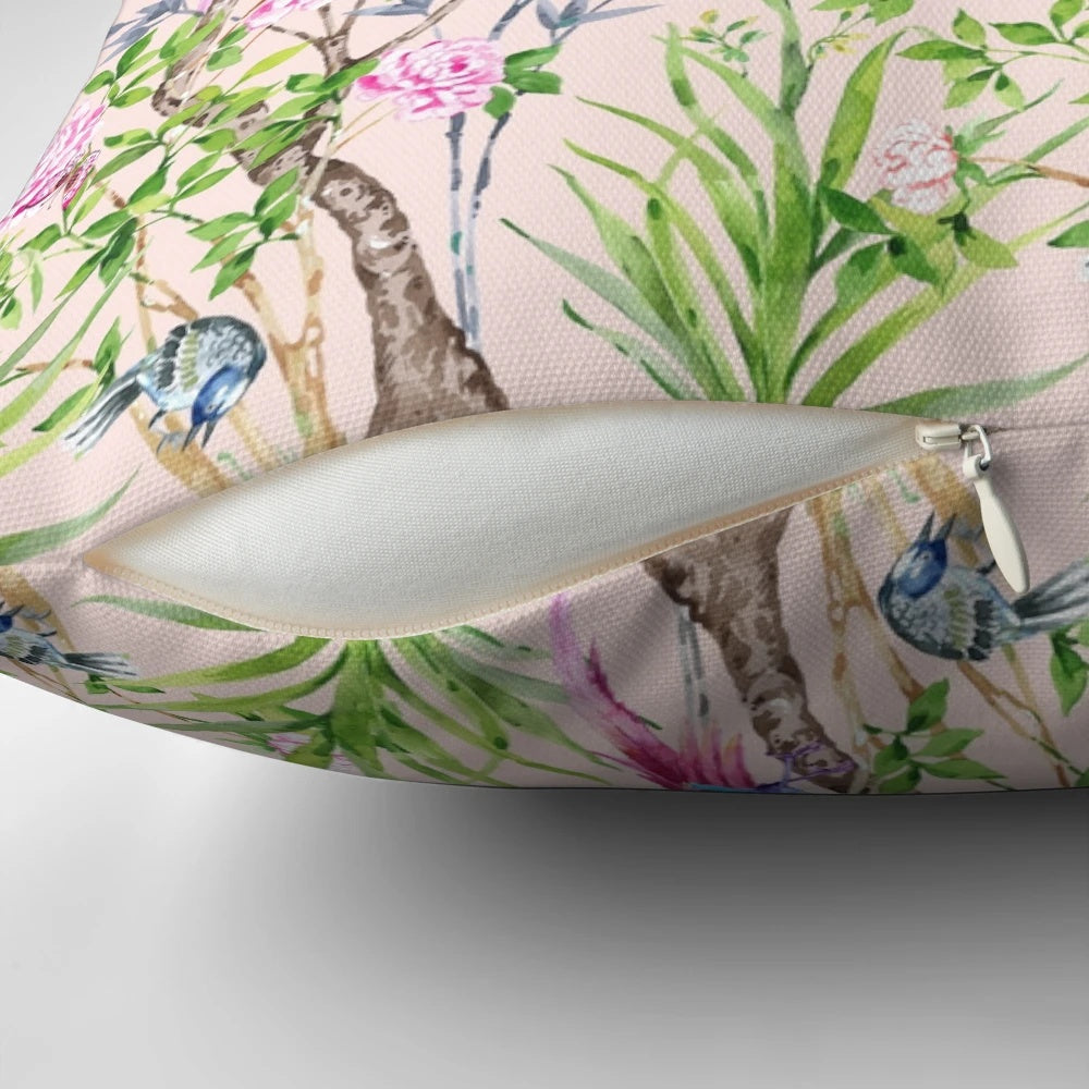 Chinoiserie watercolor floral pattern on a soft, elegant pillow for home decor