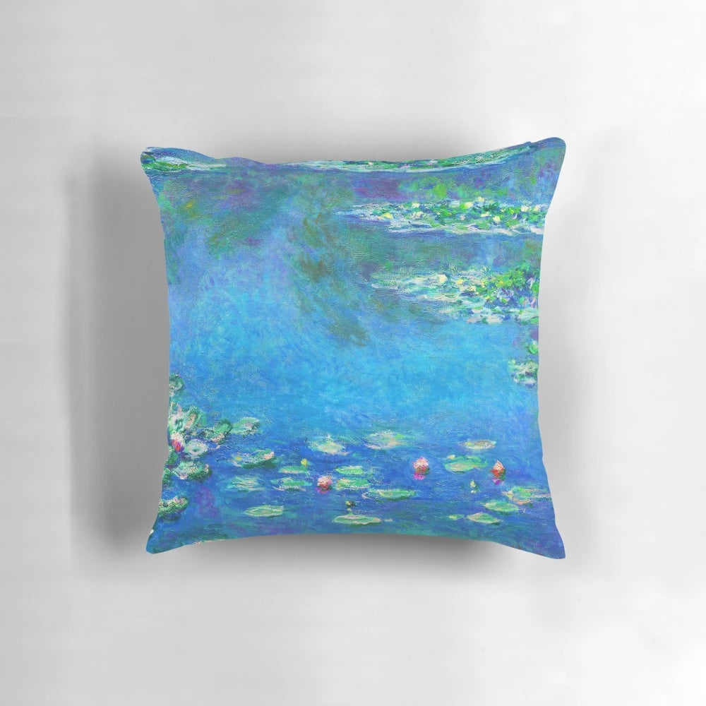 A vibrant, color-enhanced pillow featuring Claude Monet's iconic water lilies painting.