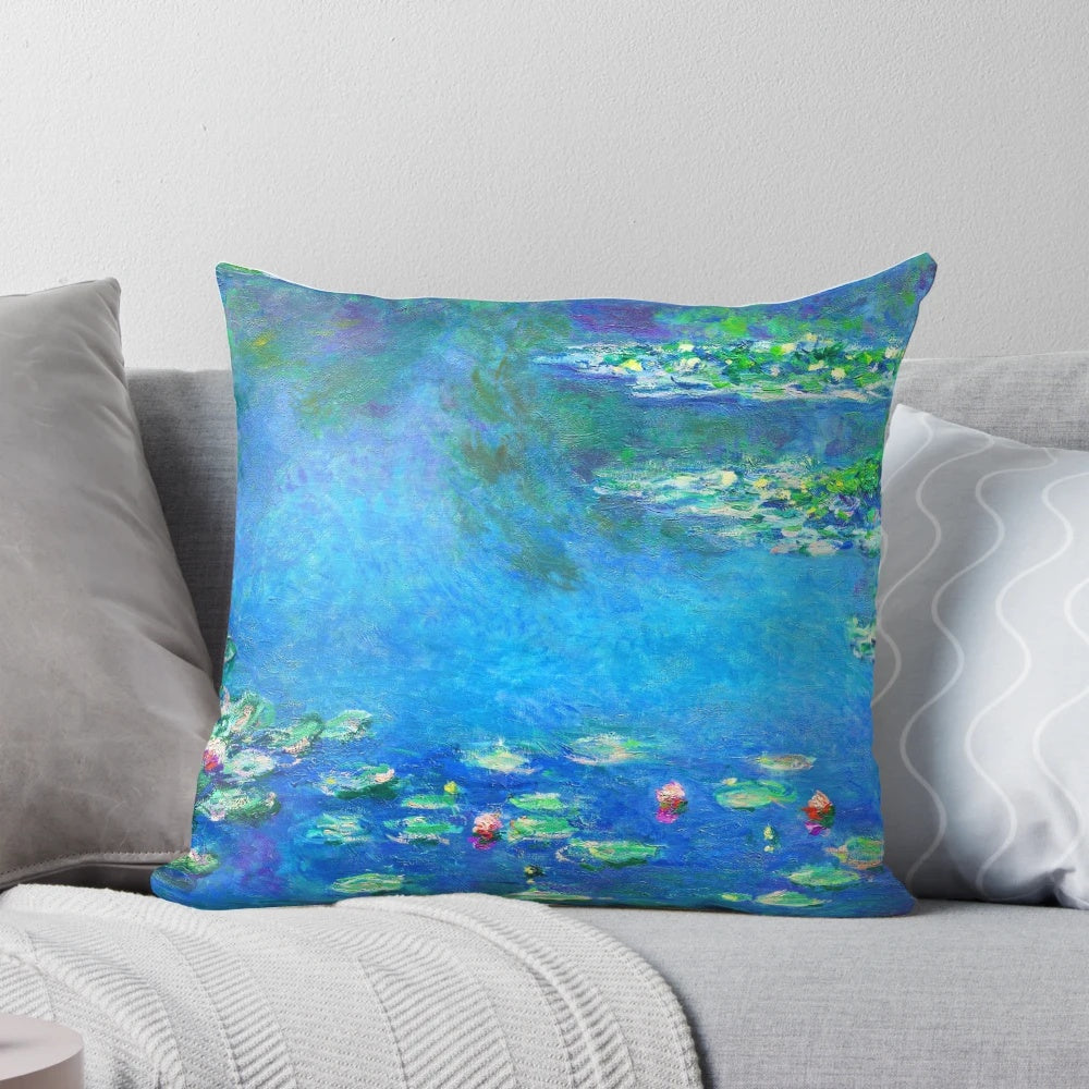 A vibrant, color-enhanced pillow featuring Claude Monet's iconic water lilies painting.