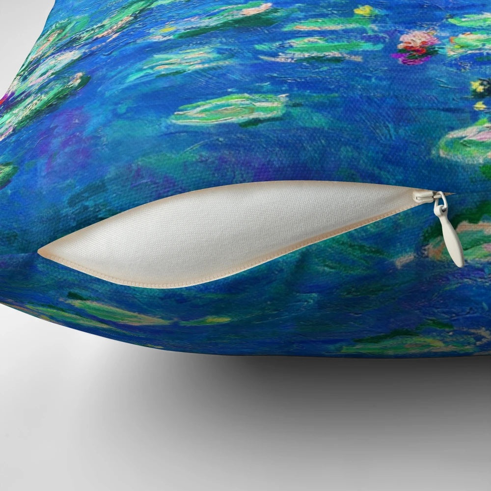 A vibrant, color-enhanced pillow featuring Claude Monet's iconic water lilies painting.