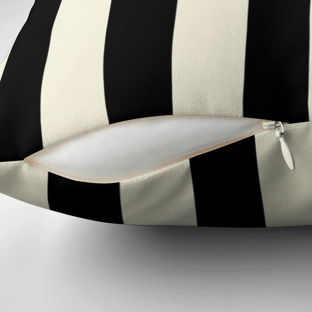 Cream and black vertical striped decorative throw pillow for living room or bedroom