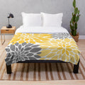 Yellow and gray dahlia floral pattern plush blanket