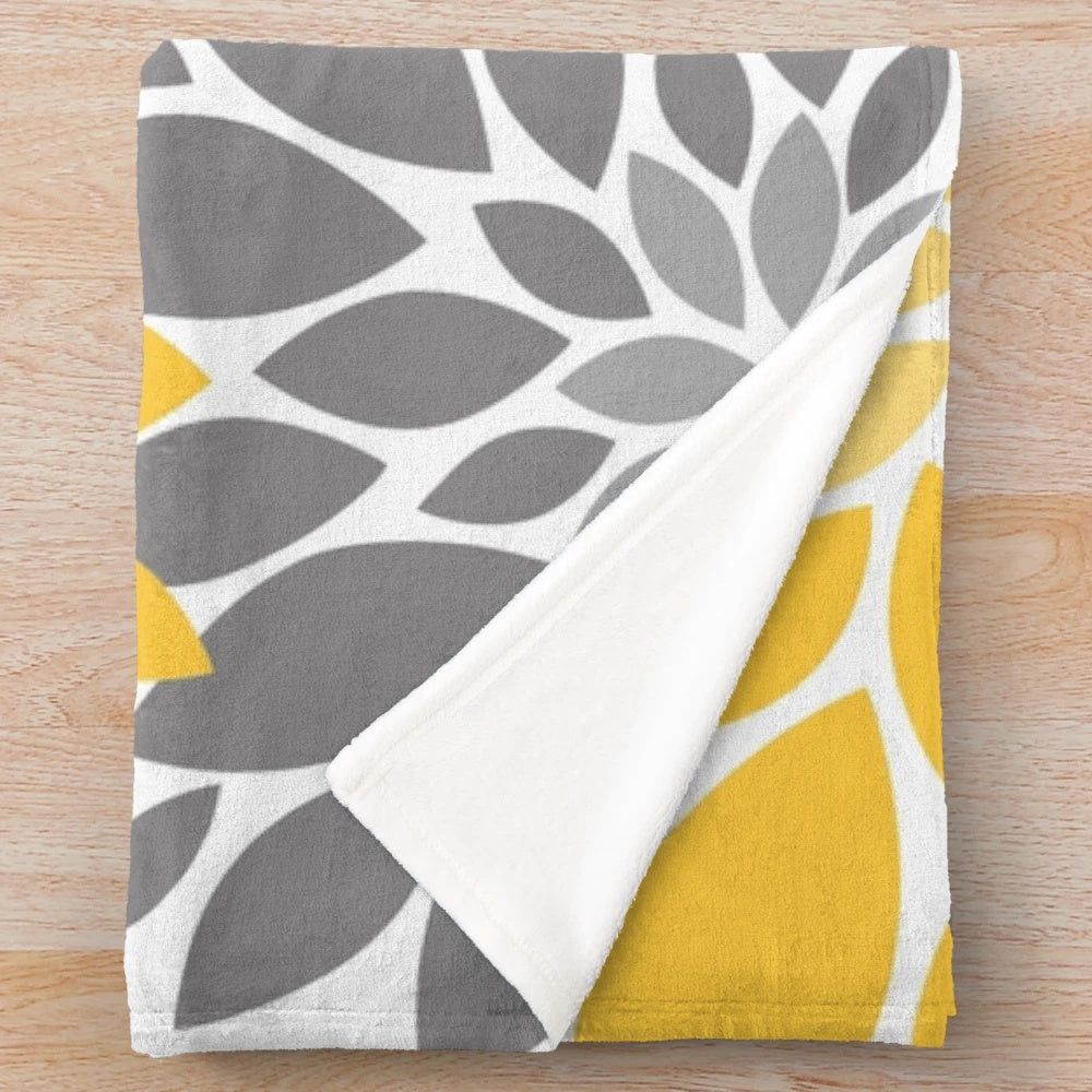 Yellow and gray dahlia floral pattern plush blanket