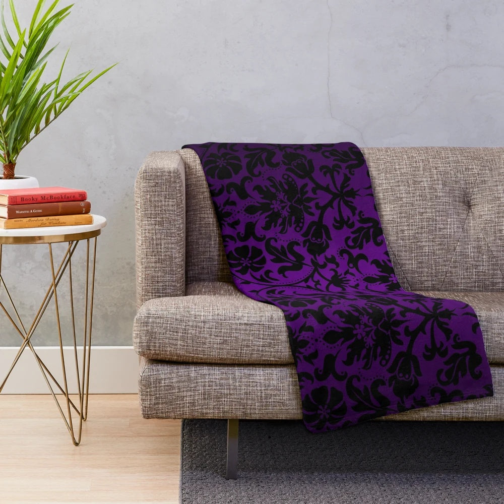 Purple and Black Damask Pattern Design Plush Blanket