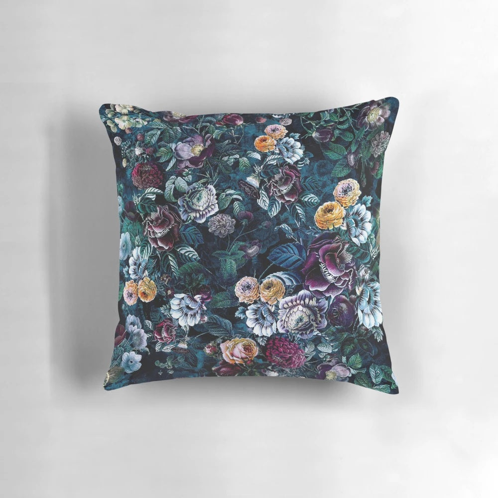 Dark floral night flowers pattern printed on a soft pillow for bedroom and living room decor
