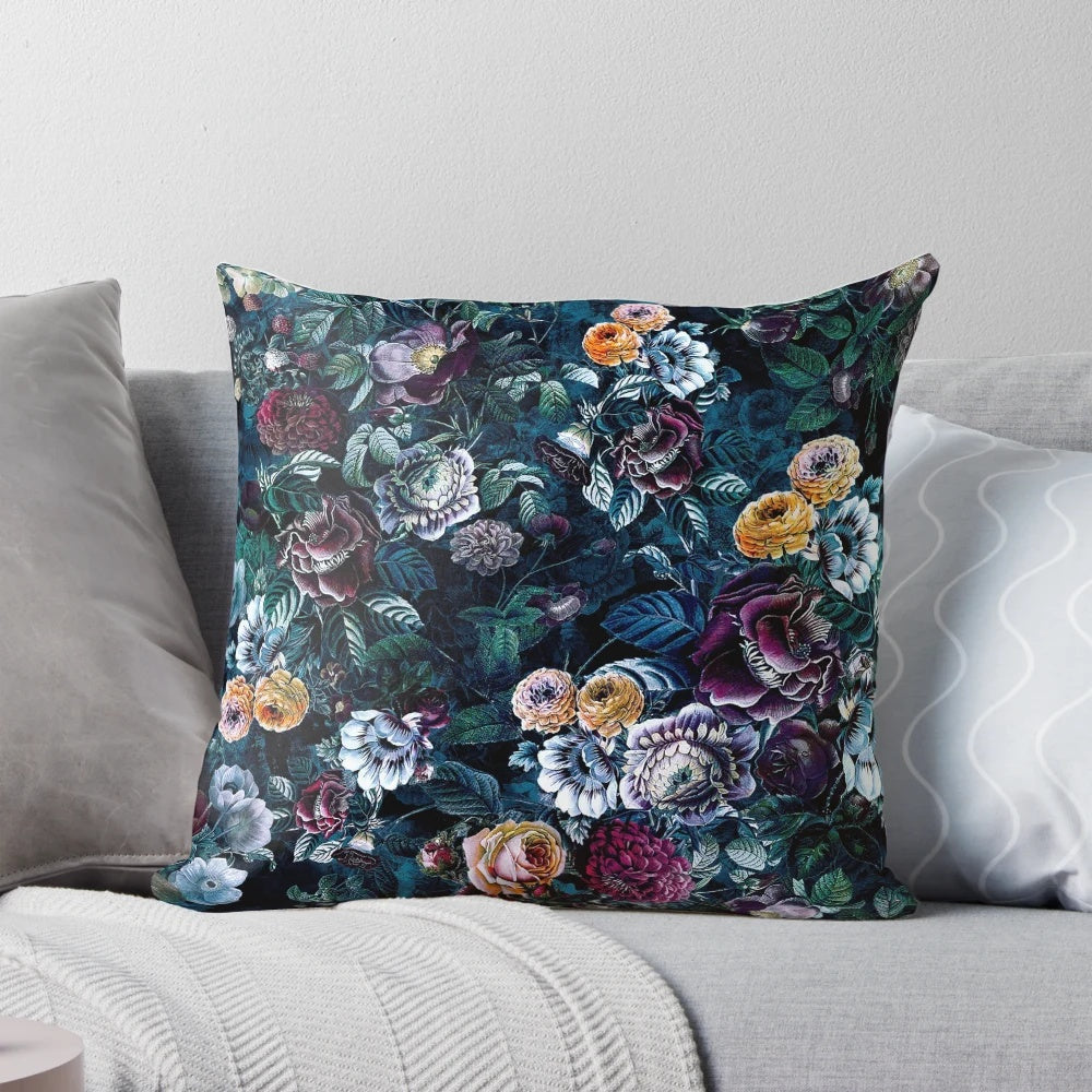 Dark floral night flowers pattern printed on a soft pillow for bedroom and living room decor