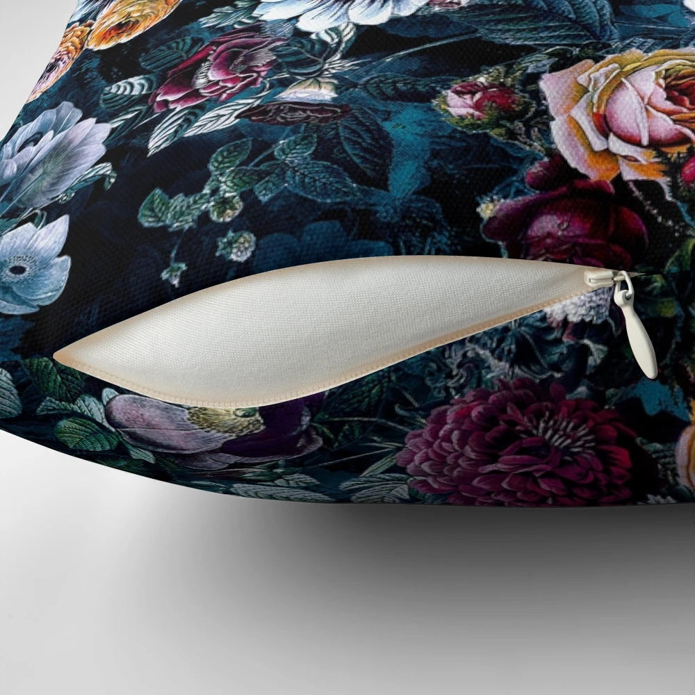 Dark floral night flowers pattern printed on a soft pillow for bedroom and living room decor