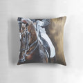 A decorative golden horse pillow with a dressage equestrian-inspired design, perfect for home decor.