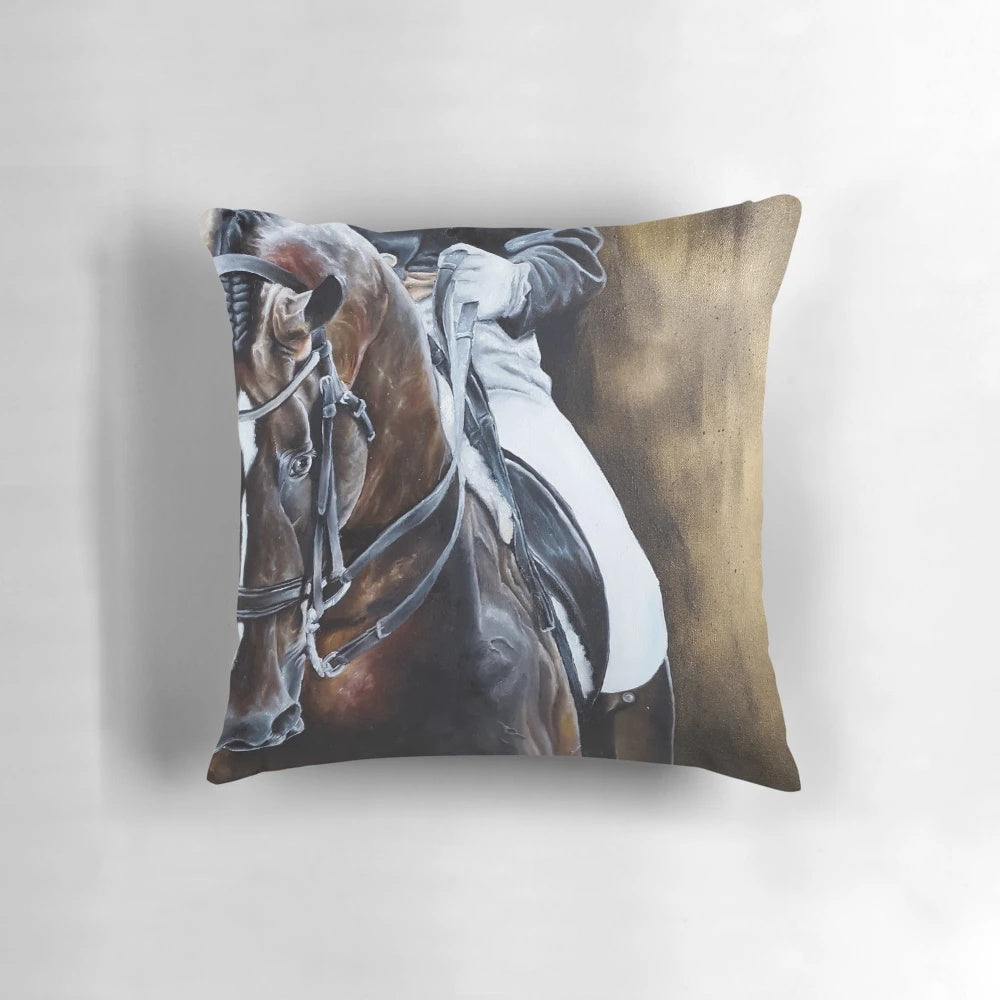 A decorative golden horse pillow with a dressage equestrian-inspired design, perfect for home decor.