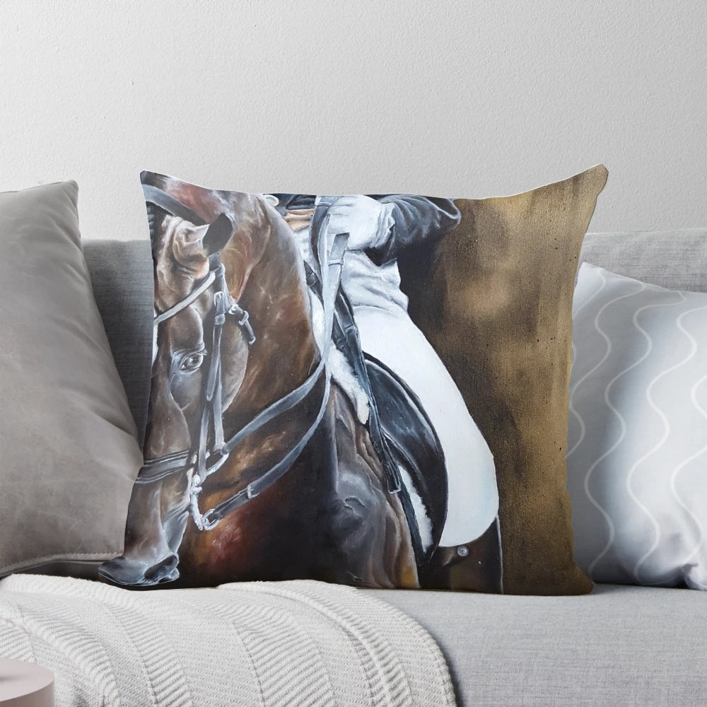 A decorative golden horse pillow with a dressage equestrian-inspired design, perfect for home decor.