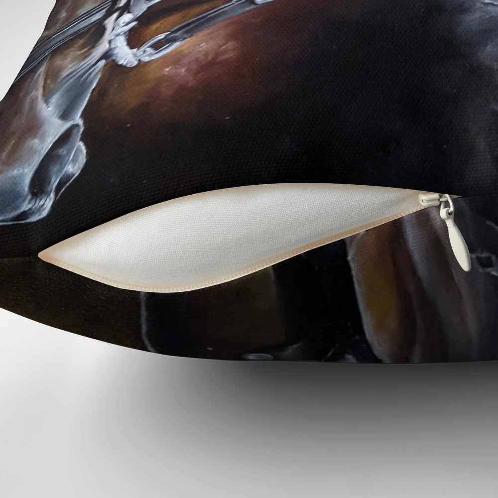 A decorative golden horse pillow with a dressage equestrian-inspired design, perfect for home decor.
