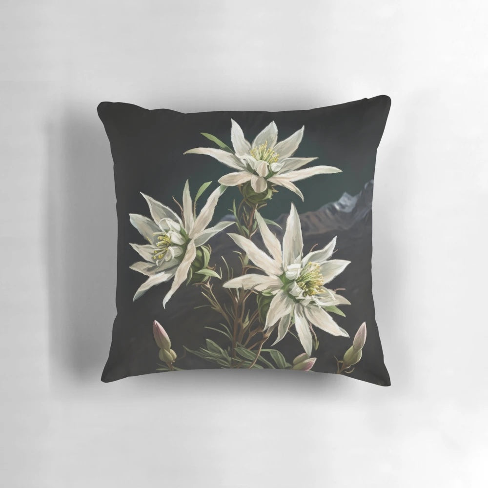 Closeup of an edelweiss flower, a delicate white blossom with soft petals, showcased on a decorative pillow.