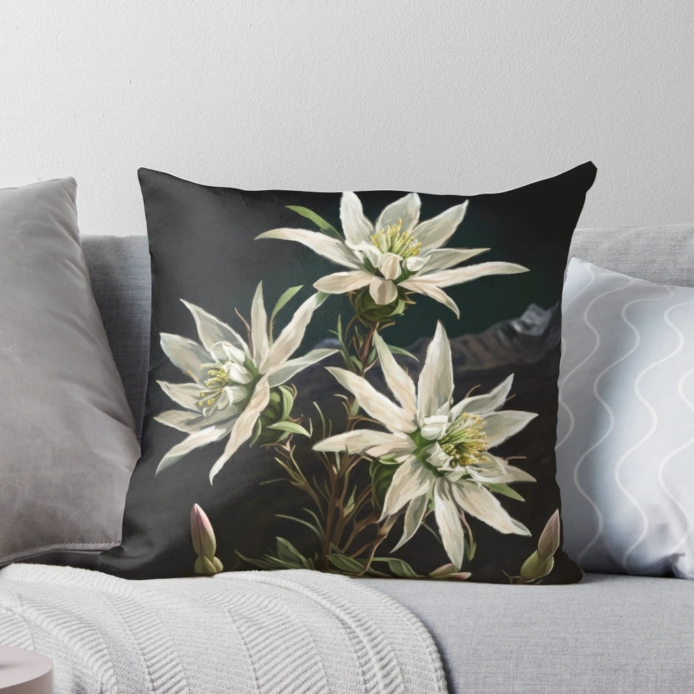 Closeup of an edelweiss flower, a delicate white blossom with soft petals, showcased on a decorative pillow.