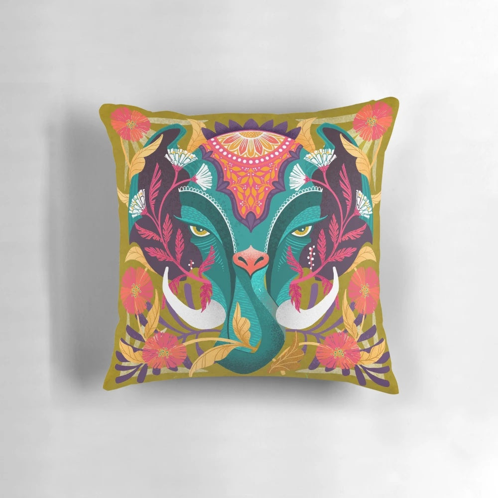 Vibrant elephant-patterned damask throw pillow with a tropical, ornamental design