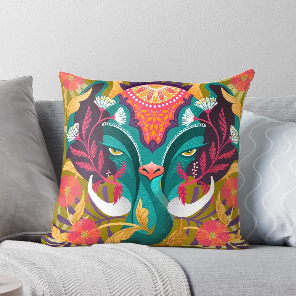 Vibrant elephant-patterned damask throw pillow with a tropical, ornamental design