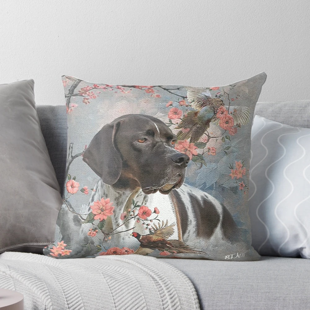 Beautiful English pointer dog pillow with pheasants, perfect for hunting enthusiasts