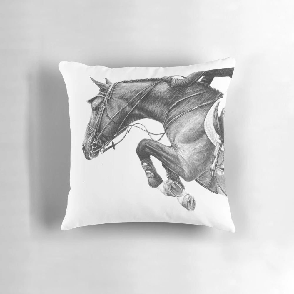 Monochrome Showjumping Horse Pillow for Equestrian Home Decor