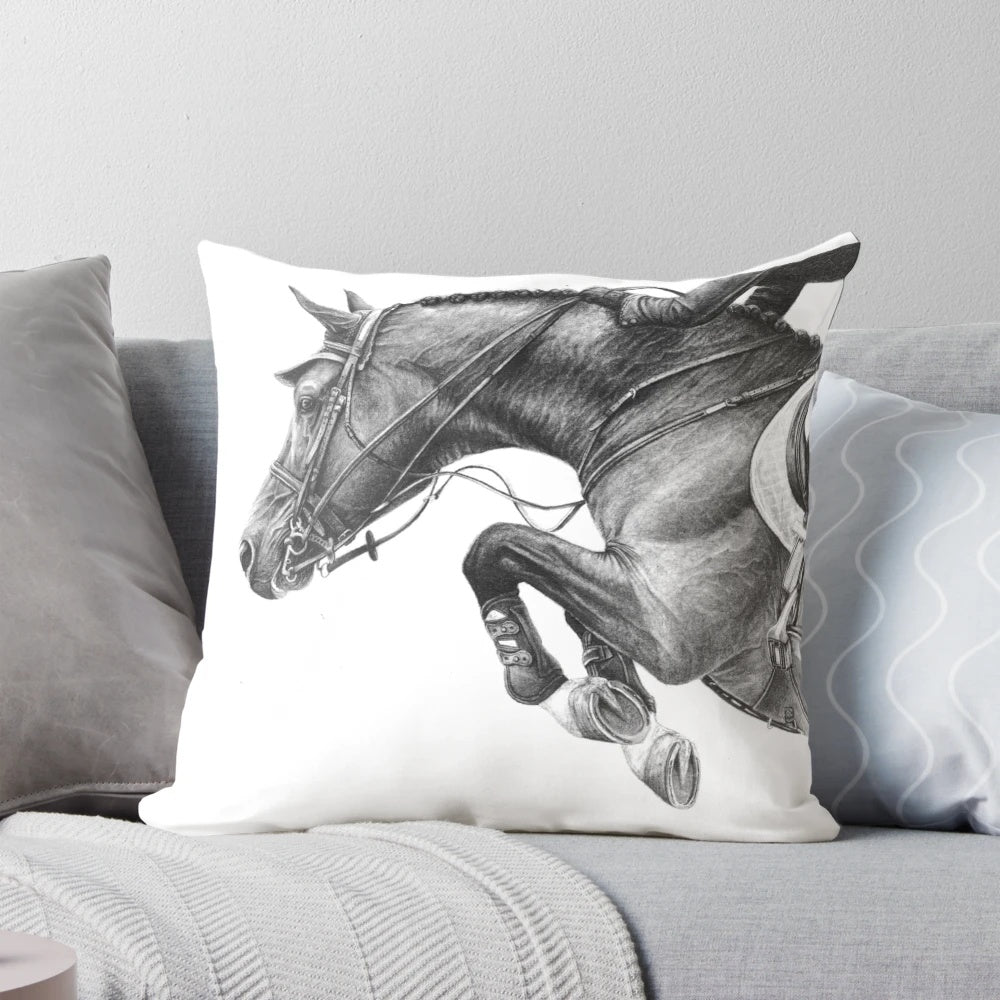 Monochrome Showjumping Horse Pillow for Equestrian Home Decor