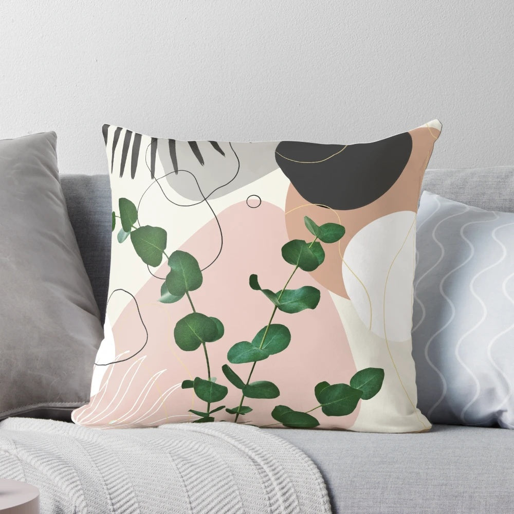 Decorative throw pillow featuring an elegant eucalyptus fan palm design in a modern, abstract style.